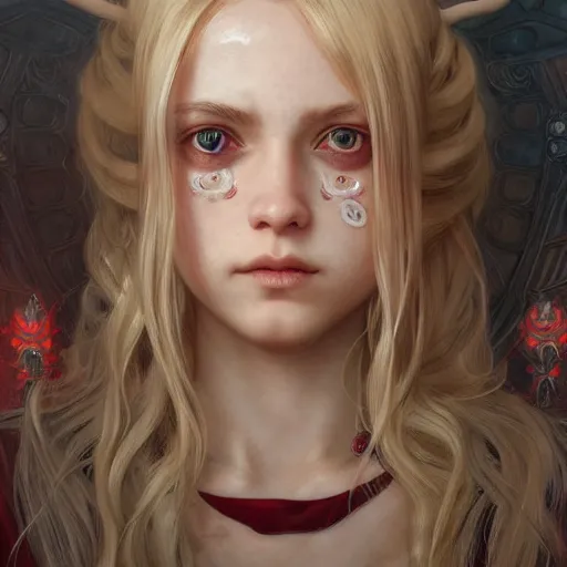 Prompt: portrait of a young girl with blond twin tail hair and red eyes, ultra realistic, concept art, intricate details, eerie, highly detailed, photorealistic, octane render, 8 k, unreal engine. art by artgerm and greg rutkowski and alphonse mucha