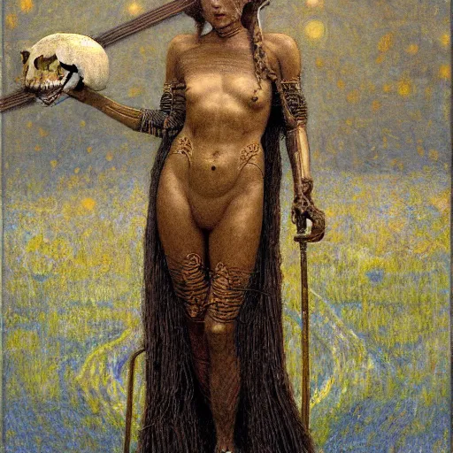 Image similar to masterpiece full body of a goddess in the cosmos with a human skull in one hand and a staff of wheat in the other, by Edgar Maxence and Ross Tran and Michael Whelan and Gustav Klimpt