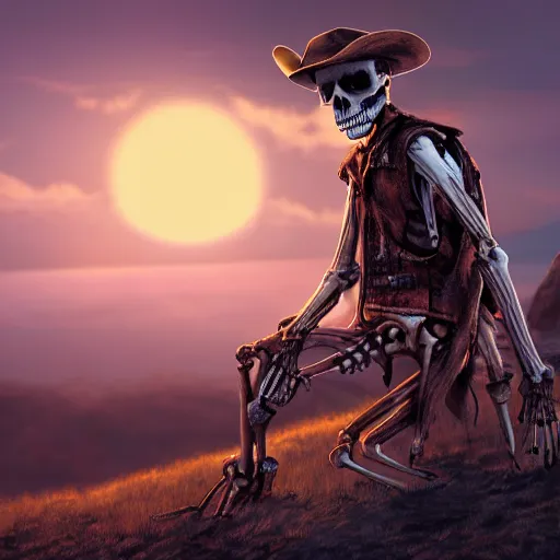 Prompt: a wounded skeleton cowboy watching a sunset, concept art, DeviantArt, art station, illustration, highly detailed, artwork, cinematic, hyper realistic