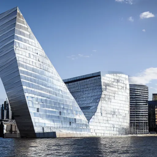 Prompt: a incredible cutting edge new building on the London waterfront designed by bjarke ingels, with a giant modern stainless steel sculpture in front of it at monumental scale, photo by Annie Leibovitz