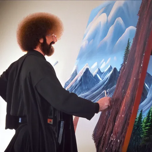 Image similar to a closeup photorealistic photograph of bob ross working on a canvas painting of darth vader. film still. brightly lit scene. mountains and trees. this 4 k hd image is trending on artstation, featured on behance, well - rendered, extra crisp, features intricate detail, epic composition and the style of unreal engine.