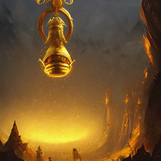 Image similar to a holy giant bell made of gold, yellow theme, bright art masterpiece artstation. 8 k, sharp high quality artwork in style of jose daniel cabrera pena and greg rutkowski, concept art by tooth wu, blizzard warcraft artwork, hearthstone card game artwork, giant bell