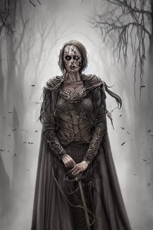 Prompt: middle aged woman with pustules, sad eyes, medieval clothing, lord of the rings style, highly detailed digital art, creepy atmosphere, overcast weather, trending on artstation