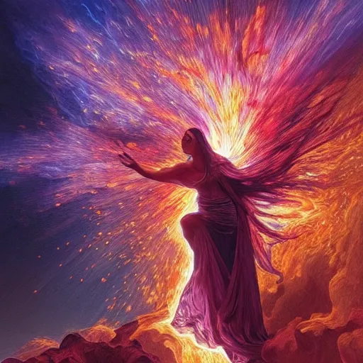Image similar to A photo of the burning bush, fire from sky, blue lightnings, dramatic purple thunders, golden meteors, dramatic shadows, powerful photo, magic, dramatic lighting, intricate, wild, highly detailed, digital painting, artstation, concept art, smooth, sharp focus, illustration, art by artgerm and greg rutkowski and alphonse mucha, footage