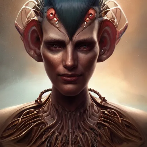 Prompt: beautiful portrait of imposing biomechanical Djinn by charlie bowater, mandy jurgens, gustav klimt, octane render, 4k, high detail, by tom bagshaw, powerful