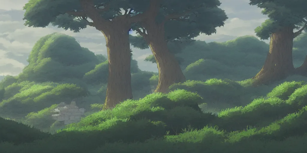 Prompt: landscape, morning, quiet, no people, Ghibli, Anime Background, Miyazaki Hayao, concept art, illustration,smooth, sharp focus, intricate, super wide angle, trending on artstation, trending on deviantart, pixelart