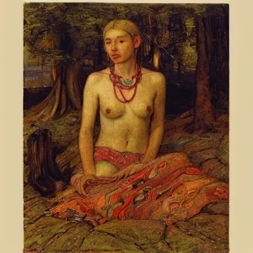 Image similar to inca insane by ford madox brown. a computer art of a beautiful scene of nature. the colors are very soft & muted, & the overall effect is one of serenity & peace. the composition is well balanced, & the brushwork is delicate & precise.