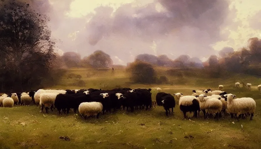 Image similar to simple amish shepherds with flocks of sheep in open fields, art by anders zorn, wonderful masterpiece by greg rutkowski, beautiful cinematic light, american romanticism thomas lawrence, greg rutkowski