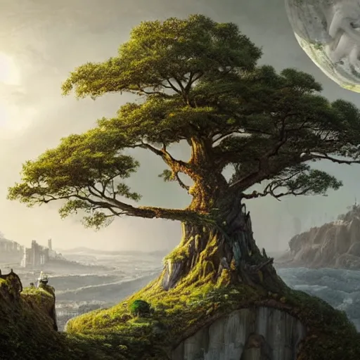 Image similar to gigantic tree on a cliff with ancient city below, above is astral world by quentin mabille