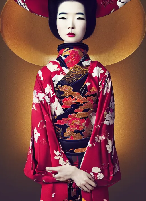 Image similar to portrait of a stylish futuristic geisha, with a red kimono with japanese golden signs written on it, kintsugi, modern fine art, fractal, intricate, elegant, highly detailed, digital photography, subsurface scattering, in the style of ghost, by jheronimus bosch and greg rutkowski,