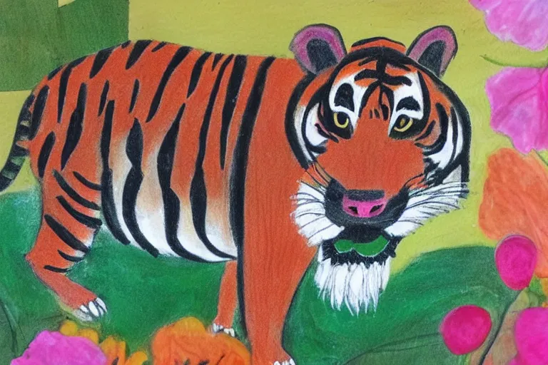 Prompt: a beautiful picture of a tiger and a pig, flower, by sanyu