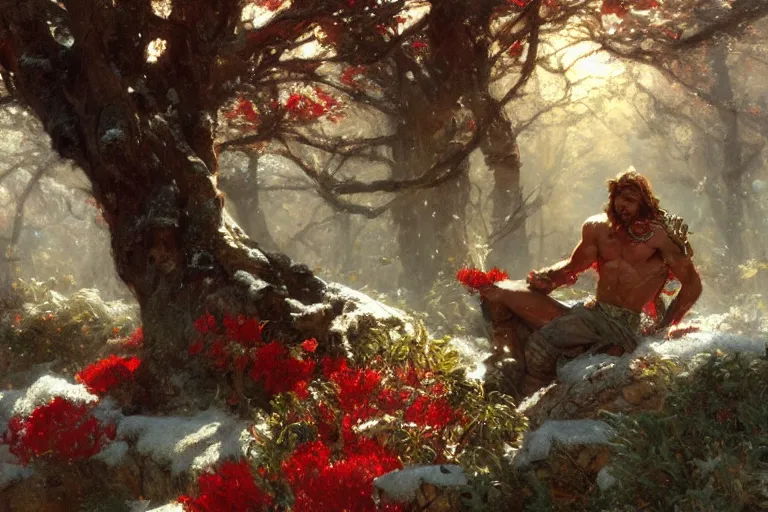 Image similar to winter, a male warrior relaxing under a huge tree with red flowers, sun shining on him, god ray, ground covered with snow, fantasy, painting by gaston bussiere, craig mullins, j. c. leyendecker, trending on artstation