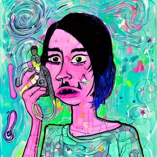 Prompt: A mixed mediart. A rip in spacetime. Did this device in his hand open a portal to another dimension or reality?! by Harumi Hironaka, by Quentin Blake experimental