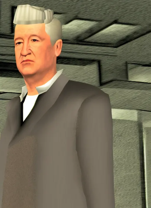 Image similar to screenshot of david lynch in goldeneye 6 4 for nintendo 6 4, n 6 4