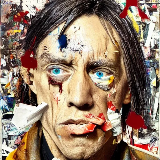 Prompt: hyperrealistic, photorealistic, mixed media oil painting of iggy pop, magazine scraps, plaster, blood, oil, mustard, cigarettes, splatter, trending on artstation, award - winning painting, greg rutkowski, basquiat, ralph steadman, terry gilliam