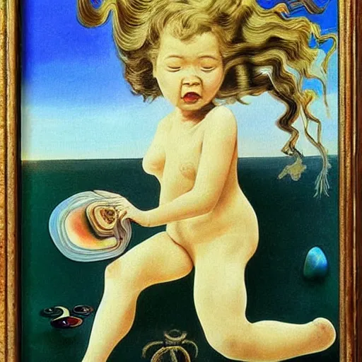 Image similar to A 2 year old girl playing with small abalone shells, blond hair. Painting by Salvador Dali