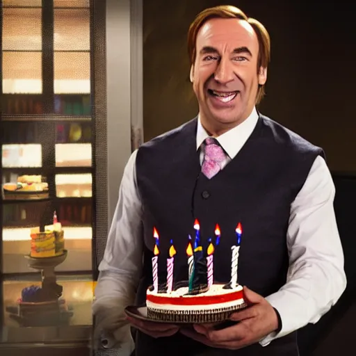 Prompt: saul goodman, smiling, holding a birthday cake