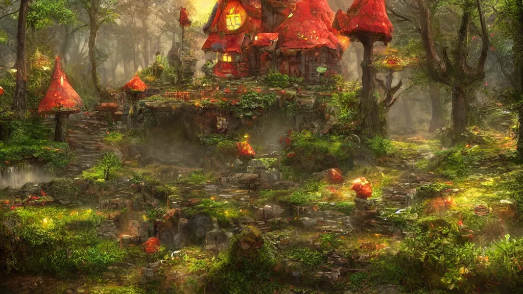 Prompt: fantasy multistory red toadstool cottage growing in magical forest, foggy atmosphere, volumetric lighting, fantasy artwork, very beautiful scenery, very realistic painting effect, hd, hdr, unreal engine 5, cinematic 4k wallpaper, 8k, ultra detailed, high resolution