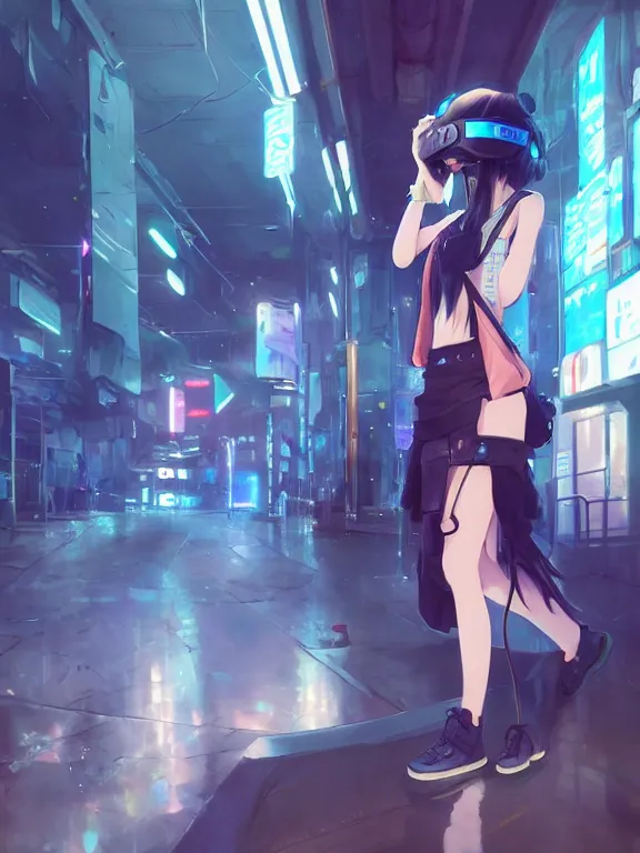 Image similar to an anime girl wearing a VR headset standing in a cyberpunk subway. By Makoto Shinkai, Stanley Artgerm Lau, WLOP, Rossdraws, James Jean, Andrei Riabovitchev, Marc Simonetti, krenz cushart, Sakimichan, trending on ArtStation, digital art.