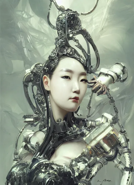 Image similar to portrait of a futuristic korean latex goth girl cyborg, modern fine art, fractal, intricate ornaments, elegant, highly detailed, digital photography, subsurface scattering, by jheronimus bosch and greg rutkowski,