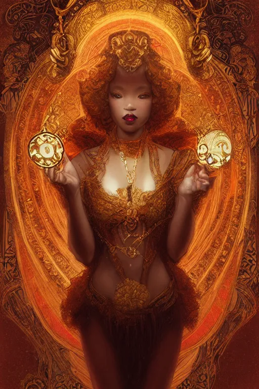 Image similar to tarot card artstation, portrait of a black love dancer, sunrise, baroque ornamnet and rococo ornament, ancient chinese ornate, hyperdetailed, beautiful lighting, craig mullins, mucha, klimt, yoshitaka amano, red and gold and orange color palatte