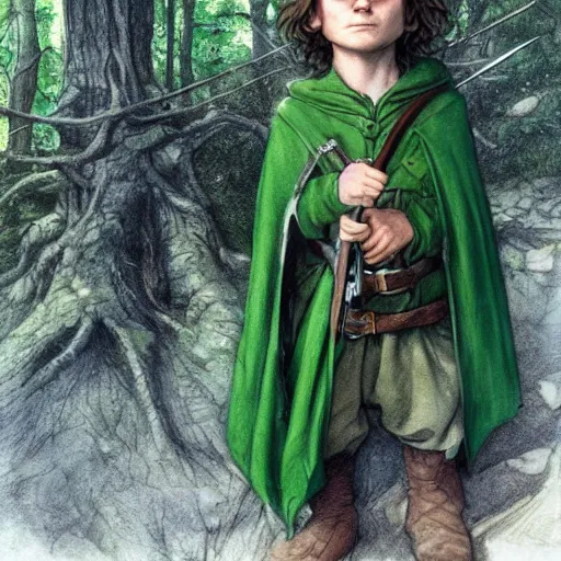 Prompt: a young hobbit ranger wearing a dark green hood and a cloak in the forest, wearing adventure gear, holding a sword, realistic, detailed, masterpiece, short brown hair, clean shaven, by John Howe and Alan Lee, trending on ArtStation