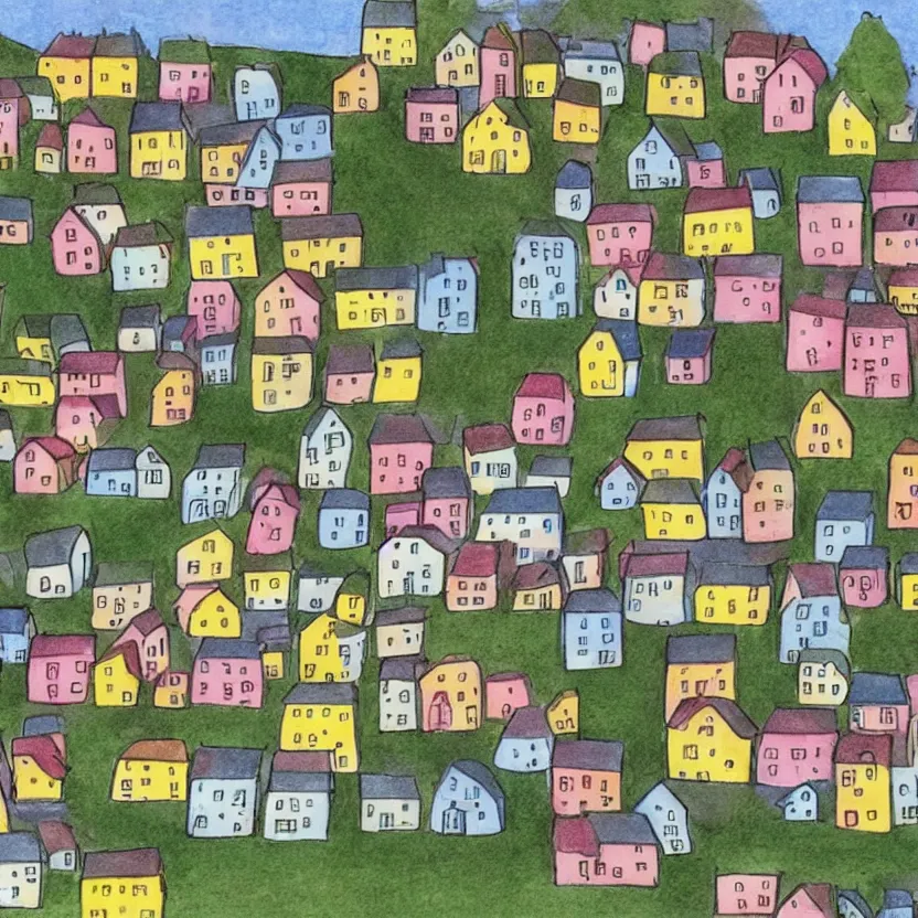 Image similar to little boxes on the hillside little boxes made of ticky tacky little boxes on the hillside little boxes all the same there's a pink one and a green one and a blue one and a yellow one, children's pencil drawing