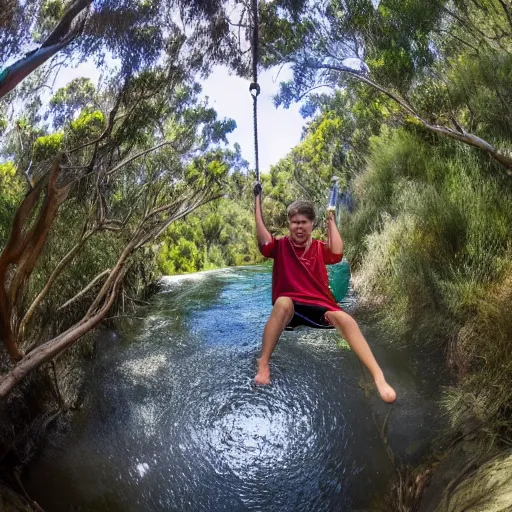 Prompt: teenager using rope swing across gully in Australian native bushland in first person perspective