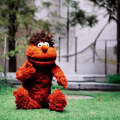 Prompt: a brown fluffy elmo muppet with big soft rabbit ears in a karate uniform out in nature, photography, photorealistic, muppet, national geohraphic, sesame street, puppet muppets