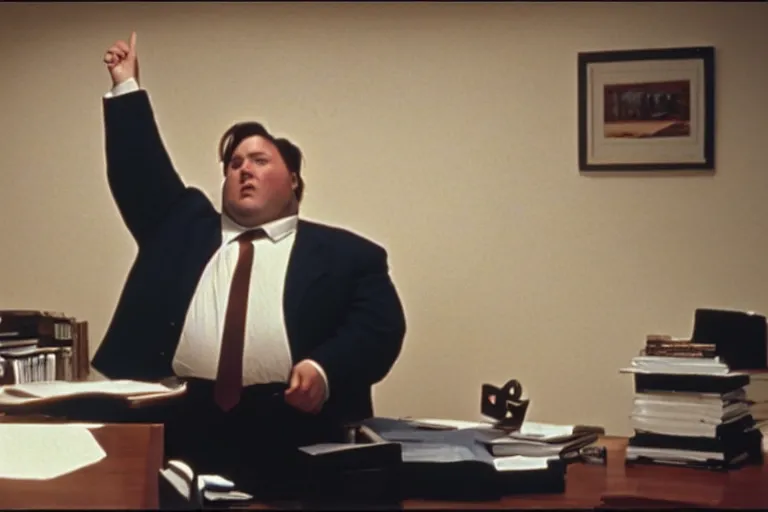 Image similar to cinematic film still from 1994 film: portly clean-shaven white man wearing suit and necktie at his desk, holding his left up in the air, XF IQ4, f/1.4, ISO 200, 1/160s, 8K, RAW, dramatic lighting, symmetrical balance, in-frame