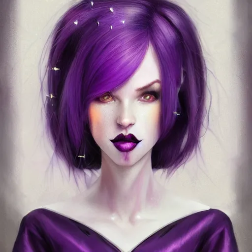 Image similar to beautiful tall secretary with purple hair, a horn on her head, a purple tuxedo, purple eyes, award winning photography, cinematic, digital painting, cinematic, wlop, 8 k, by ross tran, tom bagshaw