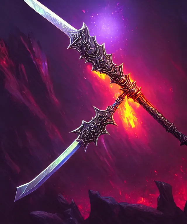 Image similar to dark weapon of warcraft blizzard weapon art, a burning sword, bokeh. dark art masterpiece artstation. 8k, sharp high quality illustration in style of Jose Daniel Cabrera Pena and Leonid Kozienko, violet colored theme, concept art by Tooth Wu, no human