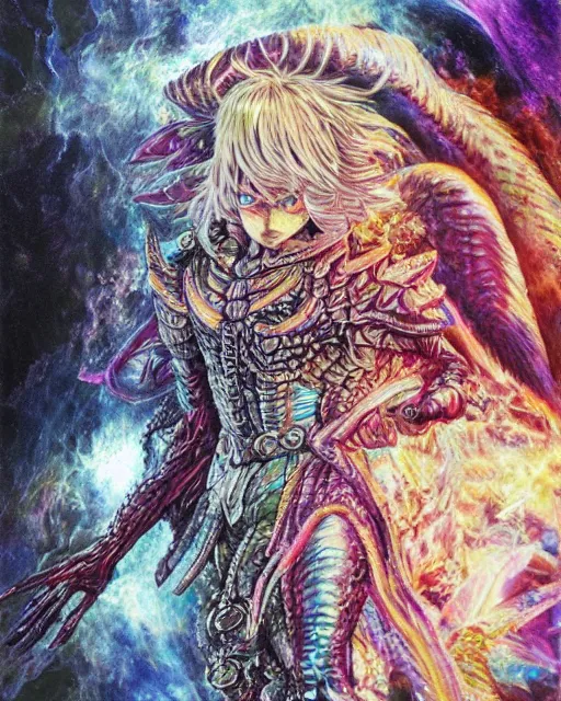 Image similar to realistic detailed image of ultra wrathful rainbow diamond iridescent mega griffith from berserk, depth perception, depth of field, action horror by ayami kojima, neo - gothic, gothic, part by adrian ghenie and gerhard richter. art by kentaro miura. masterpiece