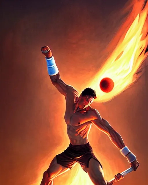 Image similar to Muscular male tennis player hitting a powerful ball of fire, art deco, fantasy, intricate fire designs, elegant, highly detailed, sharp focus, art by Artgerm and Greg Rutkowski and WLOP