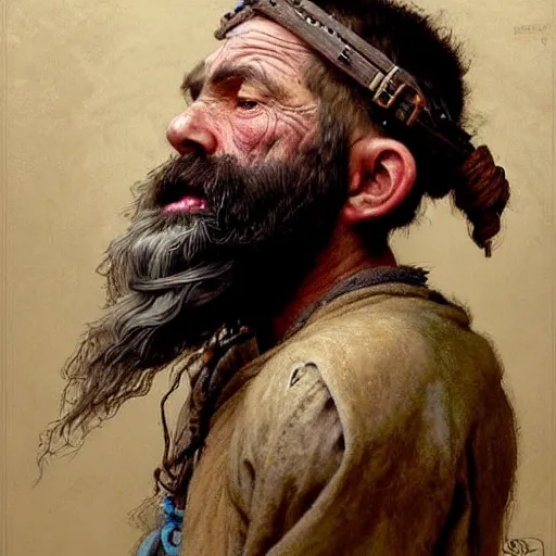 Image similar to highly detailed portrait of a poor town peasant in the form of a beautiful male dwarf with beard. d & d. art by donato giancola, eugene delacroix, ruan jia, carl larsson, peter mohrbacher. trending on artstation, intricate details, energetic composition, fantasy, concept art, illustration, elegant art, global illuminaition