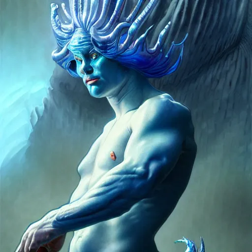 Image similar to surprised blue merman D&D creature, looking down at own hand, wide angle shot, fantasy, intricate, elegant, highly detailed, digital painting, artstation, smooth, sharp focus, illustration, art by artgerm and greg rutkowski and alphonse mucha