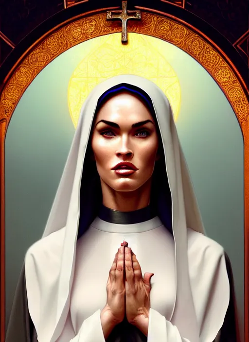 Image similar to portrait of megan fox as a nun praying, catholic, church, bible, christian, intricate, headshot, highly detailed, digital painting, artstation, concept art, sharp focus, cinematic lighting, illustration, art by artgerm and greg rutkowski, alphonse mucha, cgsociety