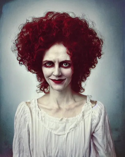 Prompt: an instant photo of a beautiful but sinister, smiling woman in layers of fear, with haunted eyes and curly hair, 1 9 7 0 s, seventies, delicate embellishments, a little blood, crimson, painterly, offset printing technique, mary jane ansell