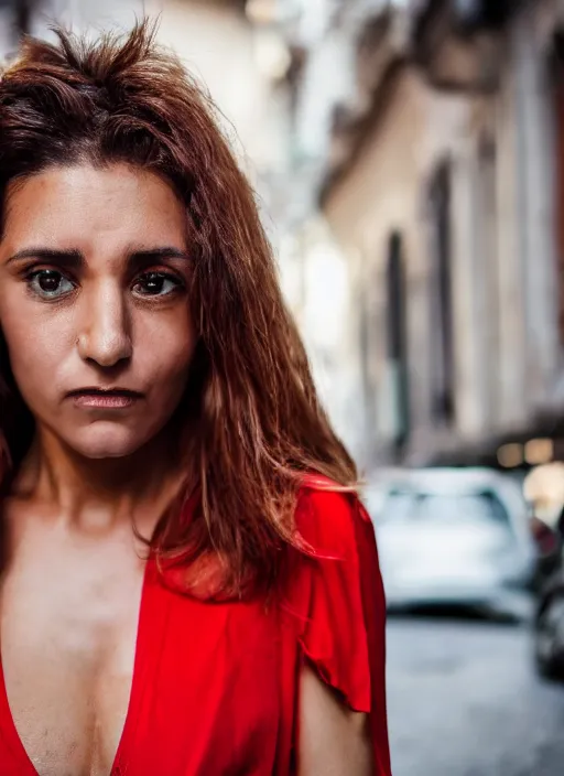 Prompt: color Close-up portrait of a beautiful 35-year-old Italian woman, wearing a red outfit, candid street portrait in the style of Martin Schoeller award winning, Sony a7R