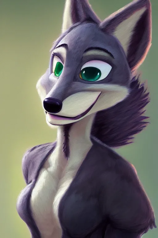 Image similar to oil painting of anthromorphic female wolf, in style of zootopia, female fursona, furry, furaffinity, 4 k, deviantart, furry art, fursona art, wearing black business suit, business suit, wolf fursona, female, very expressive detailed feminine face,