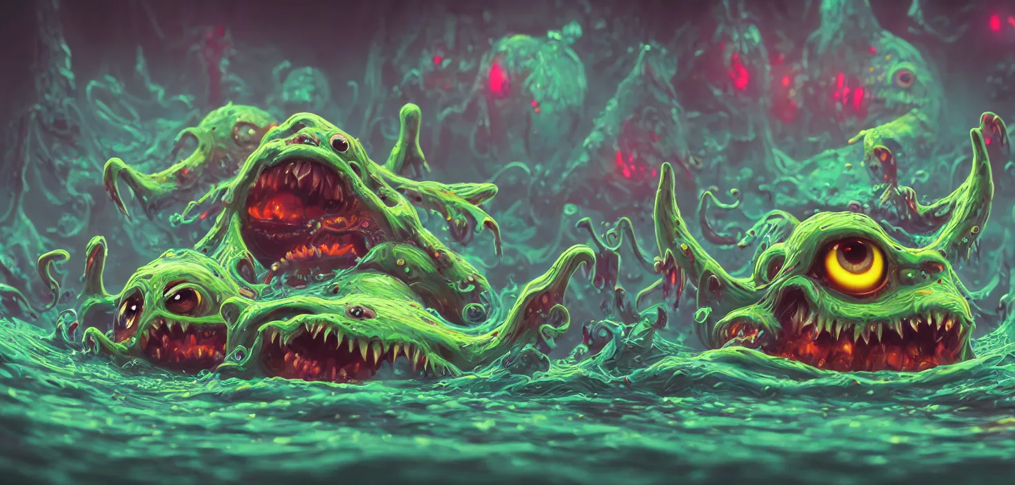 Prompt: intricate colourful murky with strange cute friendly crazy monsters with huge beauty eyes long tongue triangle teeth and scary face appearing from the water, in the style of craola, shallow depth of field, highly detailed, digital painting, trending artstation, concept art, illustration, cinematic lighting, vibrant colors, photorealism, epic, octane render