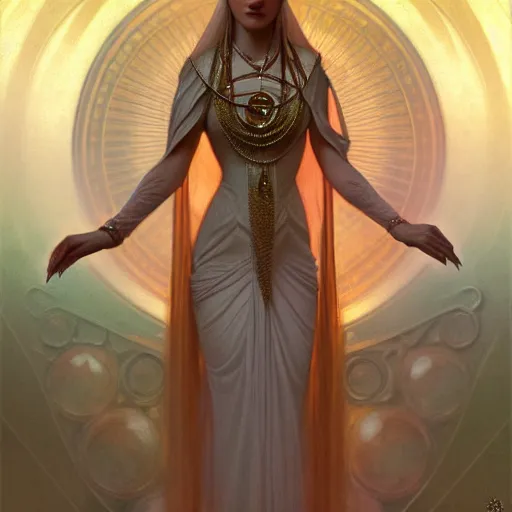 Image similar to character concept portrait of the oracle, a modest woman blessed by god to divine the future, tall and virtuous, symmetry, modestly clothed, intricate, elegant, highly detailed, digital painting, artstation, concept art, smooth, sharp focus, illustration, art by gaston bussiere and alphone mucha