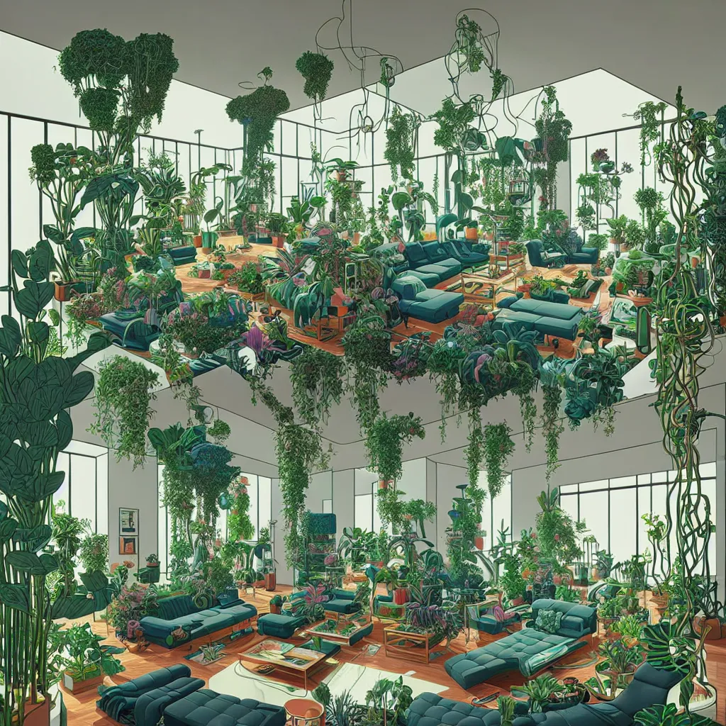 Image similar to luxury living room full of plants and trees by josan gonzalez