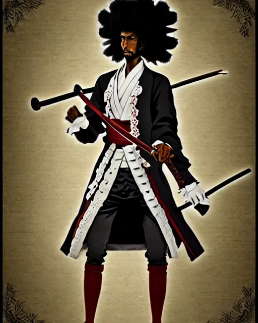 Image similar to afro samurai anime character wearing a beautiful 1 8 th century suit with a tie, rococo style, francois boucher style, highly detailed, very realistic, painterly style