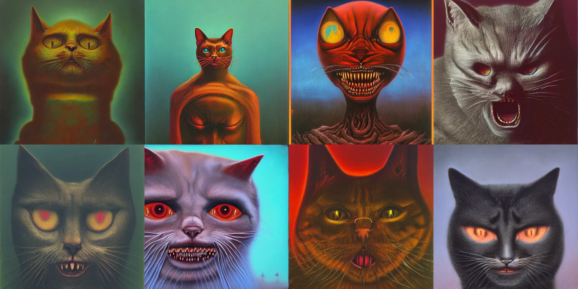 Image similar to grinning evil cat, HD, in style of beksinski, film grain, medium format, 8k resolution, oil on canvas