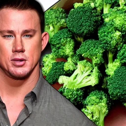 Image similar to Channing Tatum afraid of broccoli