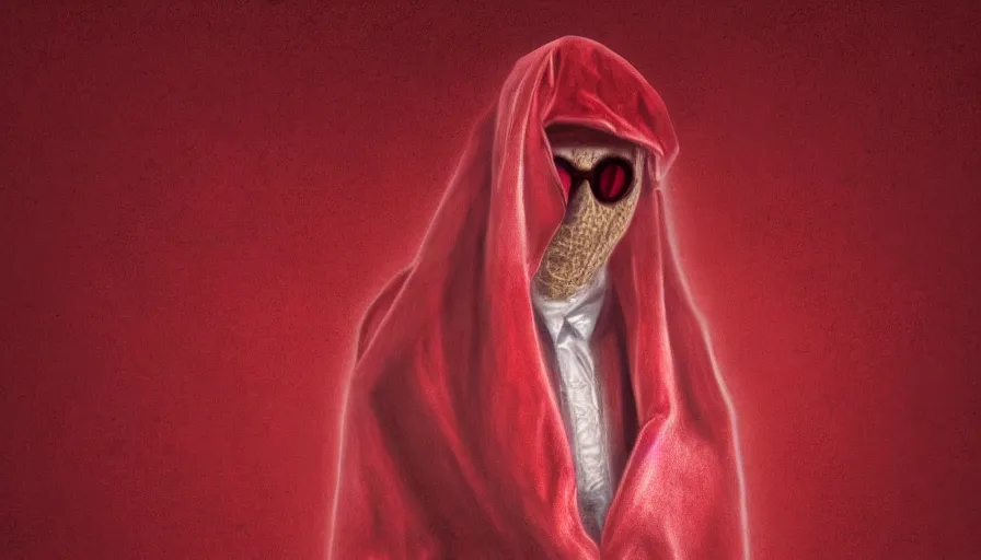 Prompt: portrait digital drawing of invisible man wrapped in red velvet sheet. surrounded by darkness