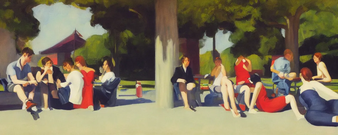 Prompt: an edward hopper style painting of a young generation z group of friends drinking in a park on sundah