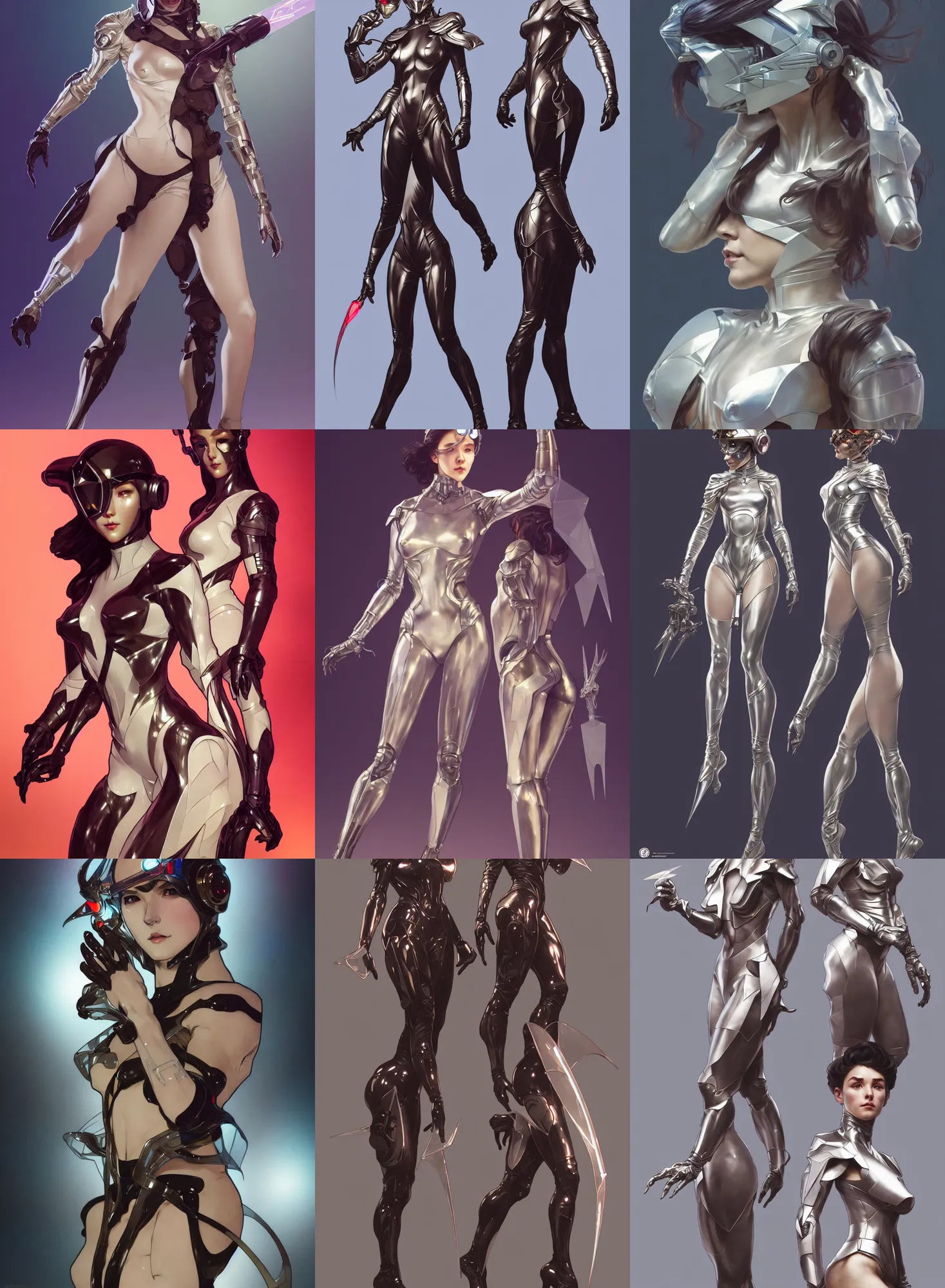 Image similar to a full body character design by artgerm, cushart krenz, greg rutkowski and alphonse mucha. sci - fi dagger. laser and translucent plastic tape project show attctive showgirl!! sci - fi helmet!! sharp edges. ultra clear detailed. contour light effect!! 8 k. ultra detailed, elegant, intricate, octane render.