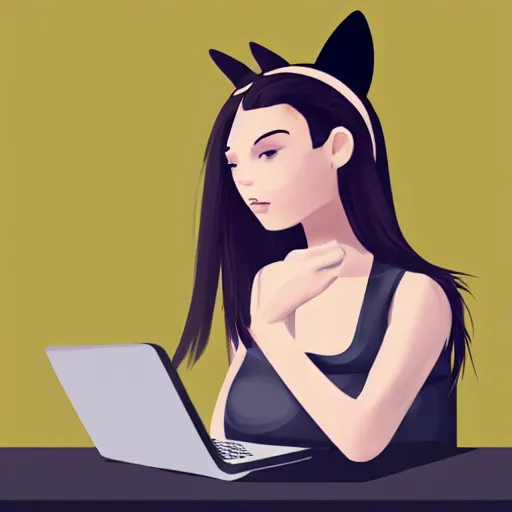 Image similar to cute woman wearing tank top and cat ears plays on computer, digital art